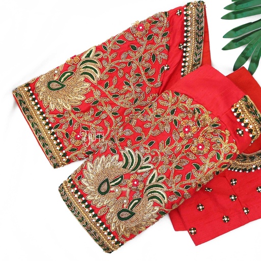 Red blouse with contrast floral design