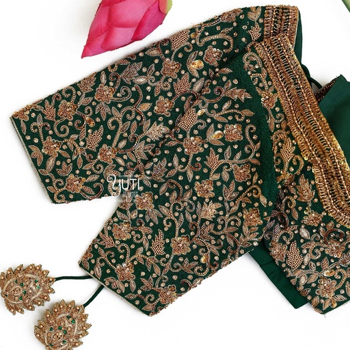 Dark green creeped floral bridal blouse