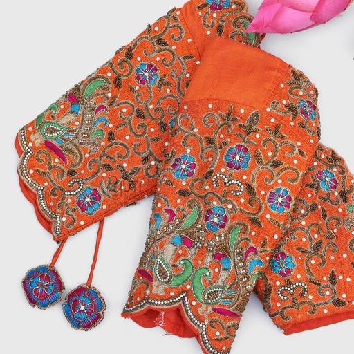 Orange peacock and creeper design blouse