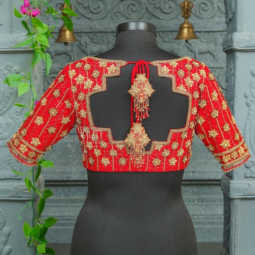 open neck traditional Red blouse adorned with exquisite golden embroidery