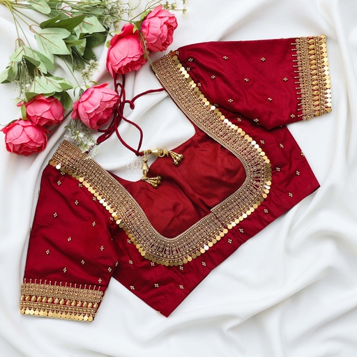 stunning red bridal blouse designs with intricate gold embroidery