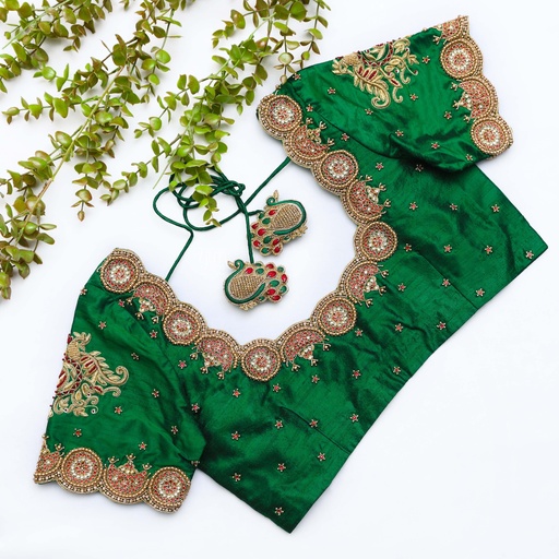 Bridal green blouse with a pair of gold embroidery work